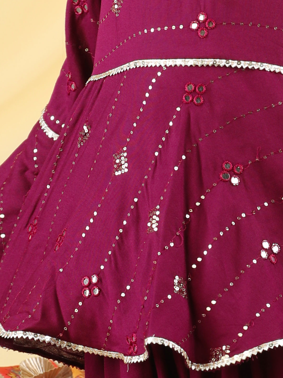 Cutiekins Girls Embroidered Mirror Work Kurta & Dhoti -Wine & Gold