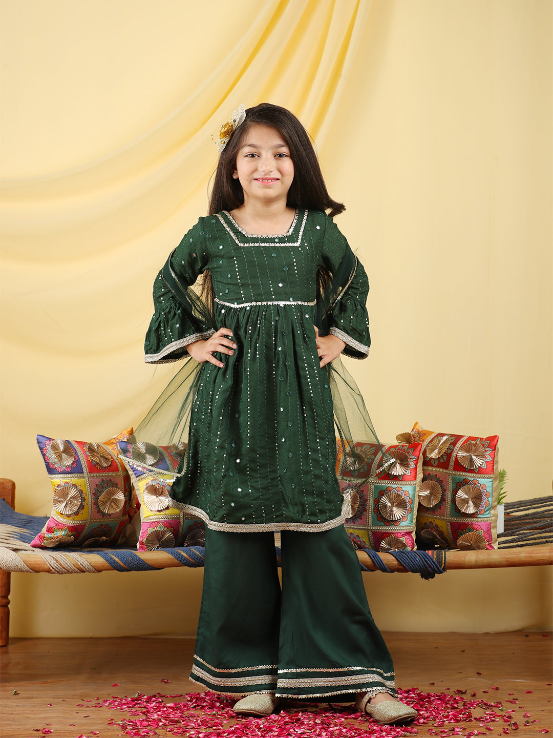 Cutiekins Girls Embroidered Gotta Patti Kurta & Palazzo with Dupatta -Deep Green & Gold
