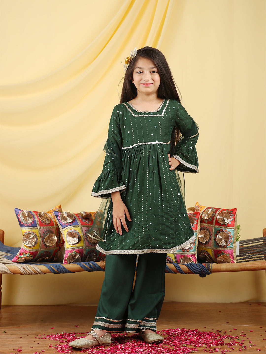 Cutiekins Girls Embroidered Gotta Patti Kurta & Palazzo with Dupatta -Deep Green & Gold