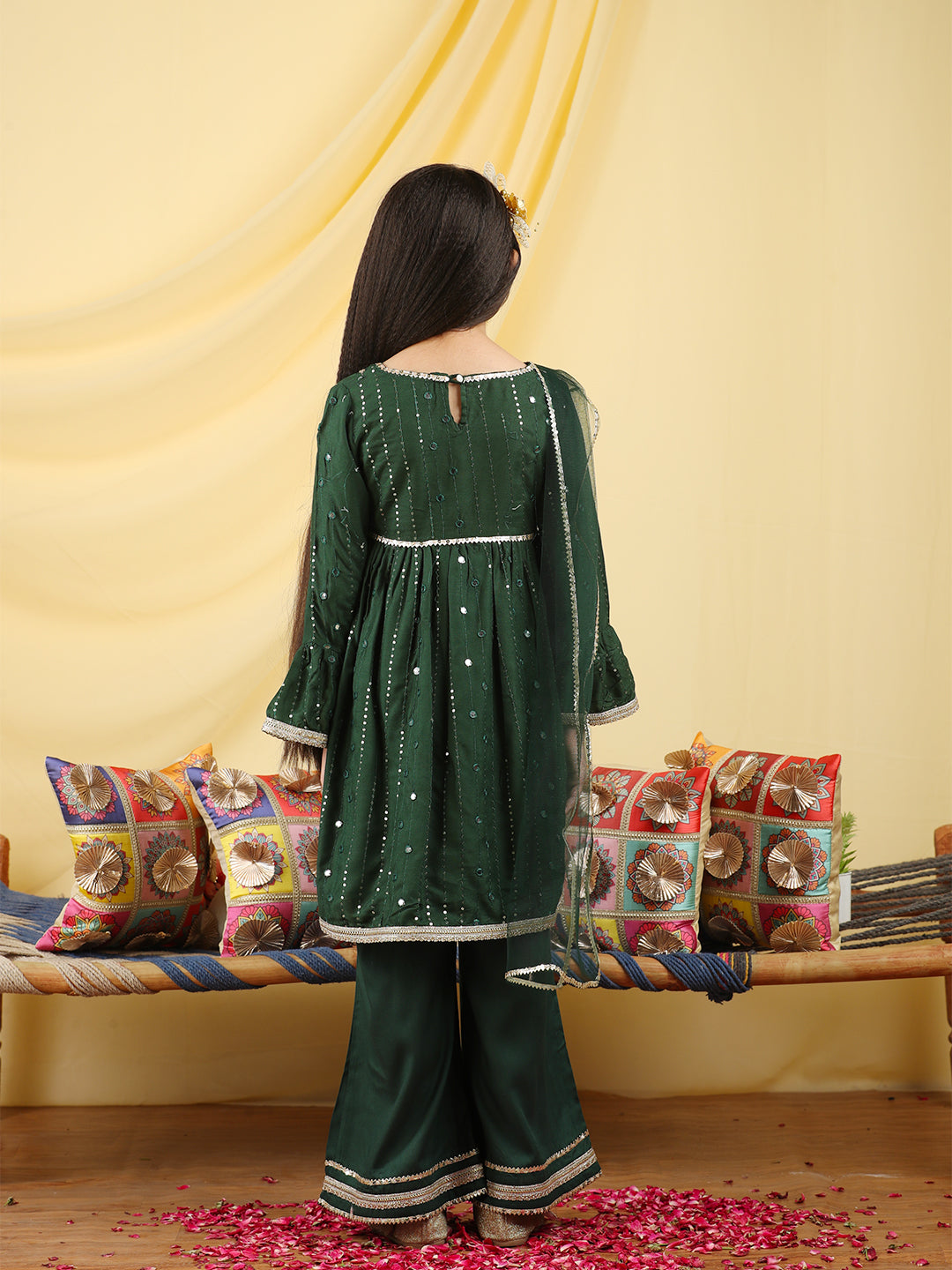 Cutiekins Girls Embroidered Gotta Patti Kurta & Palazzo with Dupatta -Deep Green & Gold