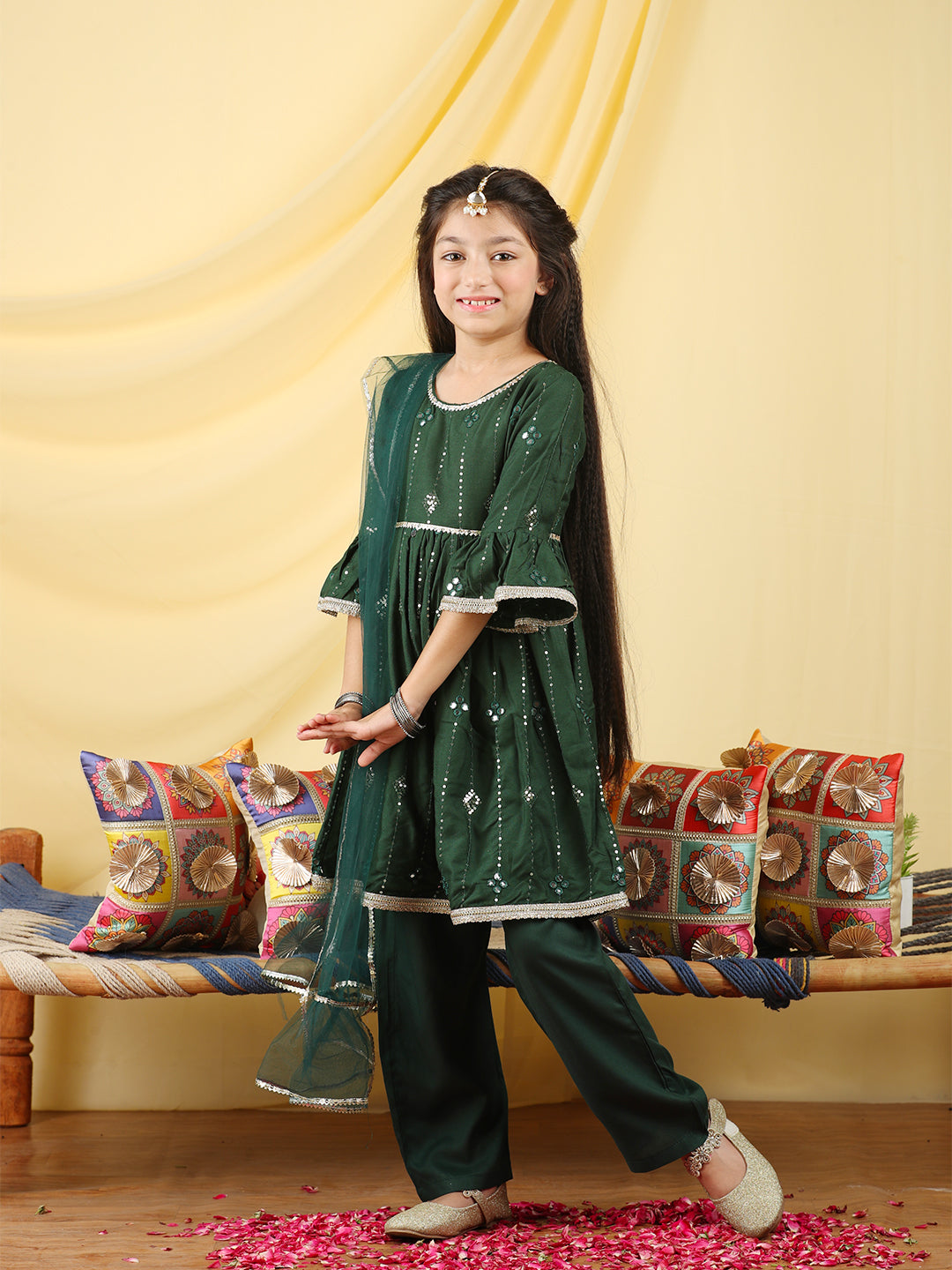 Cutiekins Girls Embroidered Mirror Work Kurta & Palazzo with Dupatta -Dark Green & Gold