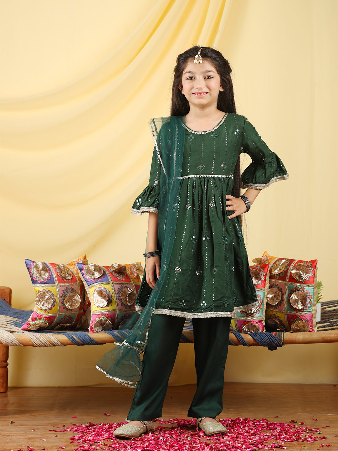 Cutiekins Girls Embroidered Mirror Work Kurta & Palazzo with Dupatta -Dark Green & Gold