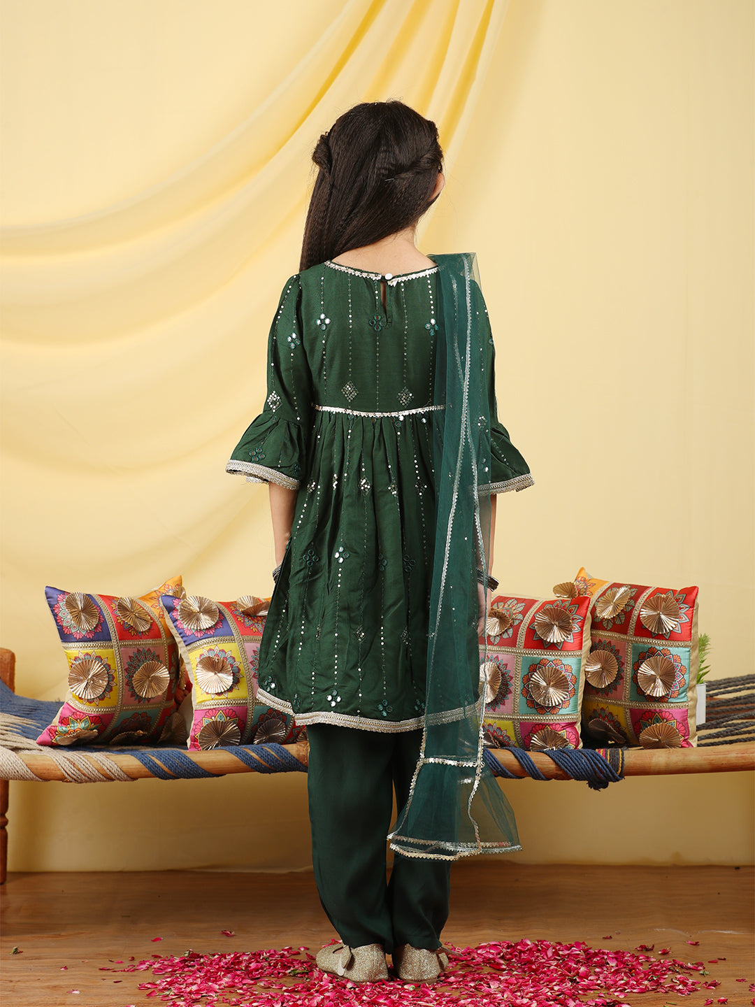 Cutiekins Girls Embroidered Mirror Work Kurta & Palazzo with Dupatta -Dark Green & Gold