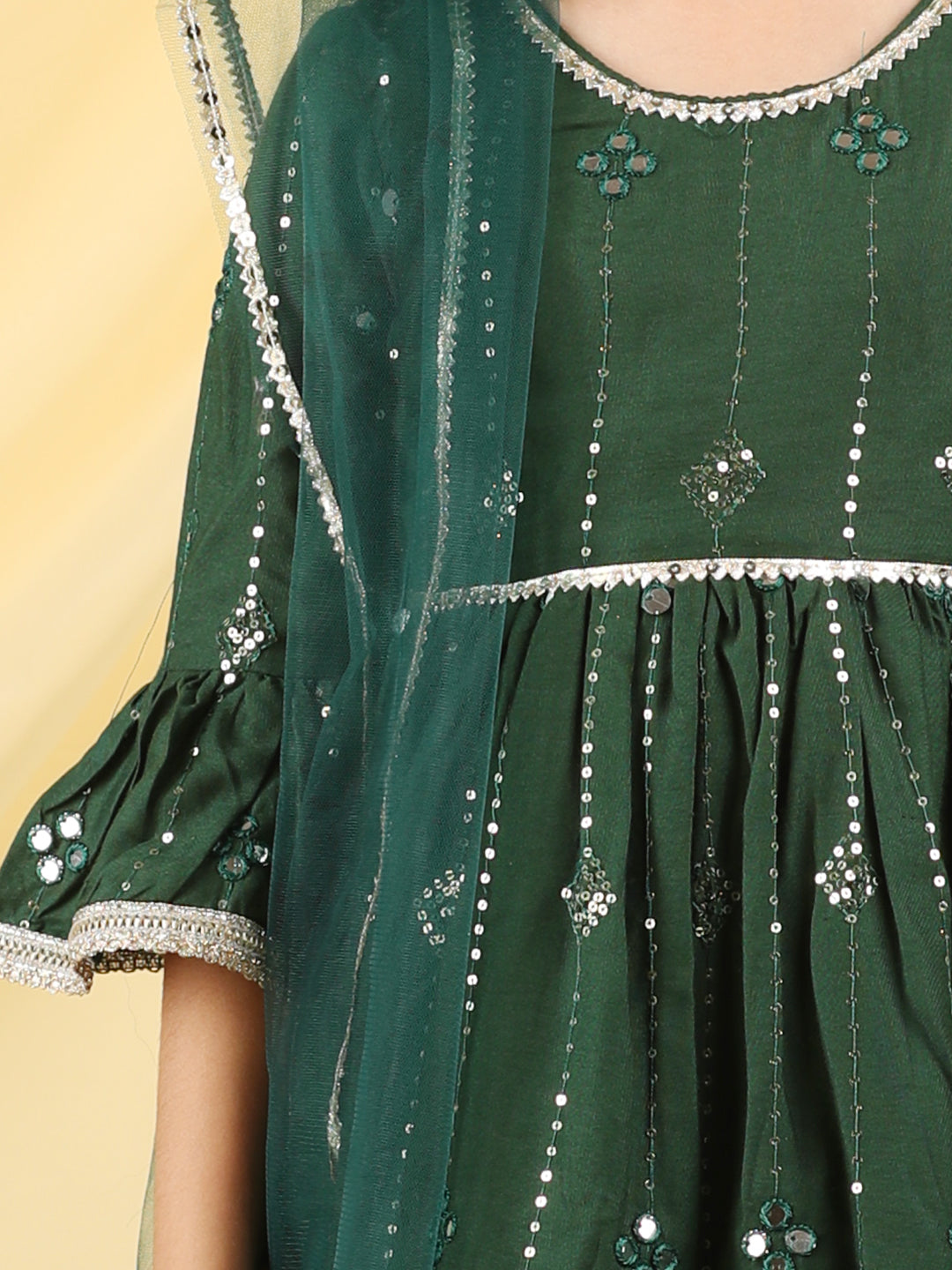 Cutiekins Girls Embroidered Mirror Work Kurta & Palazzo with Dupatta -Dark Green & Gold