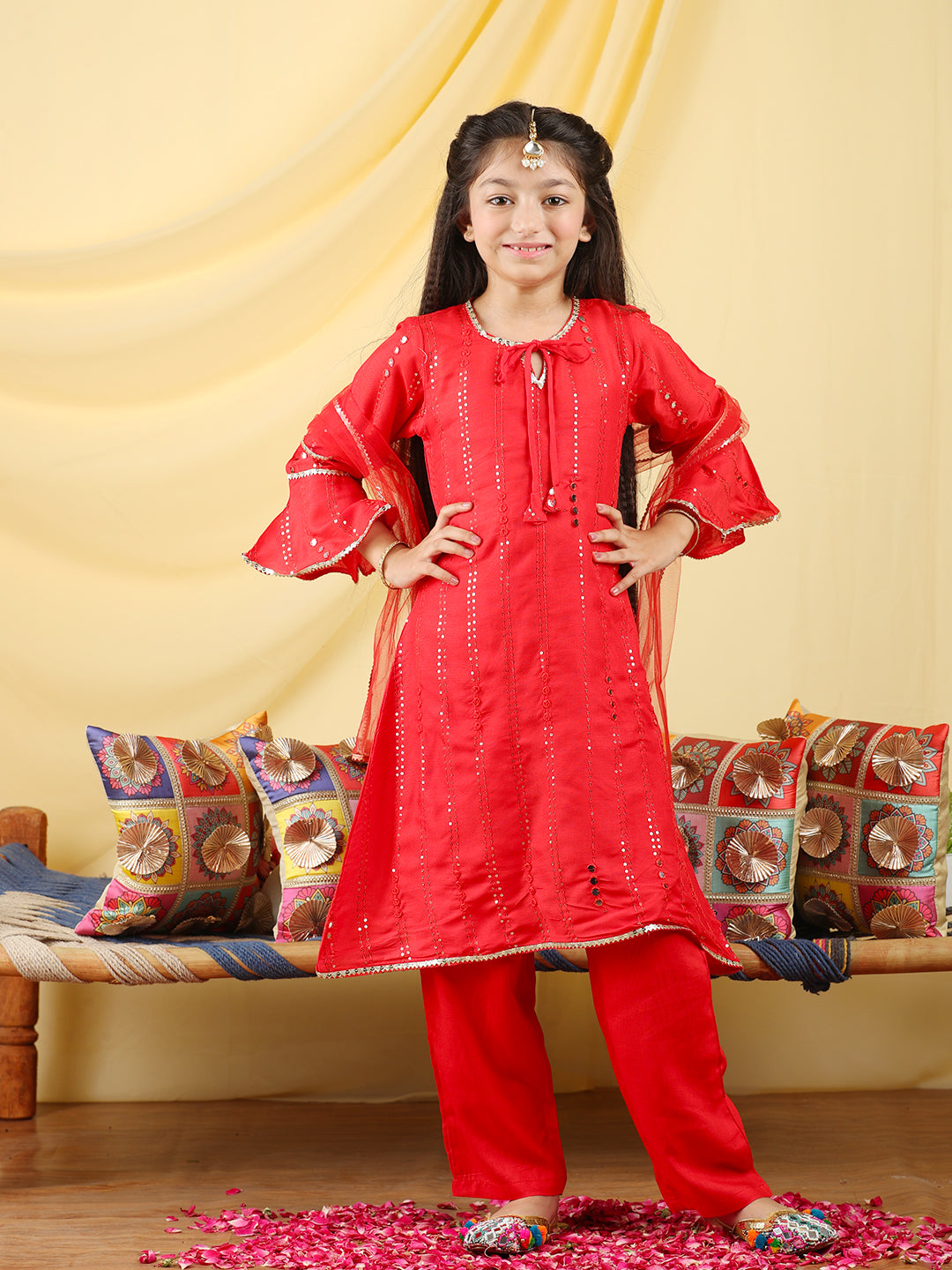 Cutiekins Girls Embroidered Mirror Work Kurta & Palazzo with Dupatta -Red & Gold