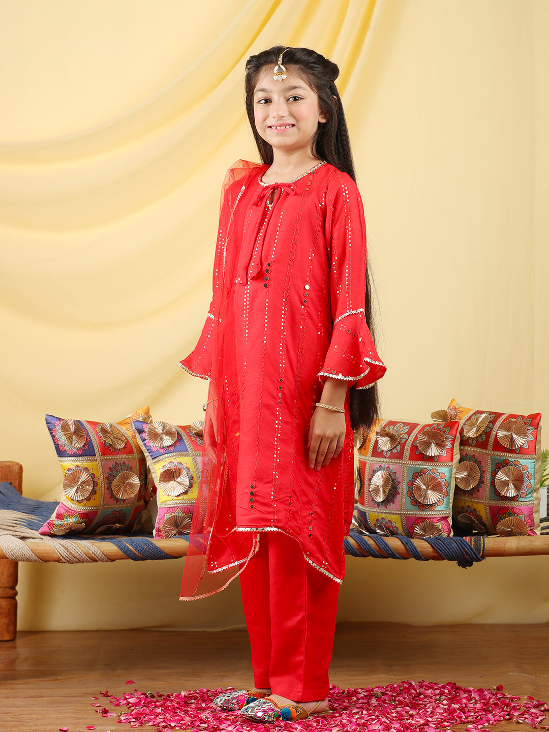 Cutiekins Girls Embroidered Mirror Work Kurta & Palazzo with Dupatta -Red & Gold