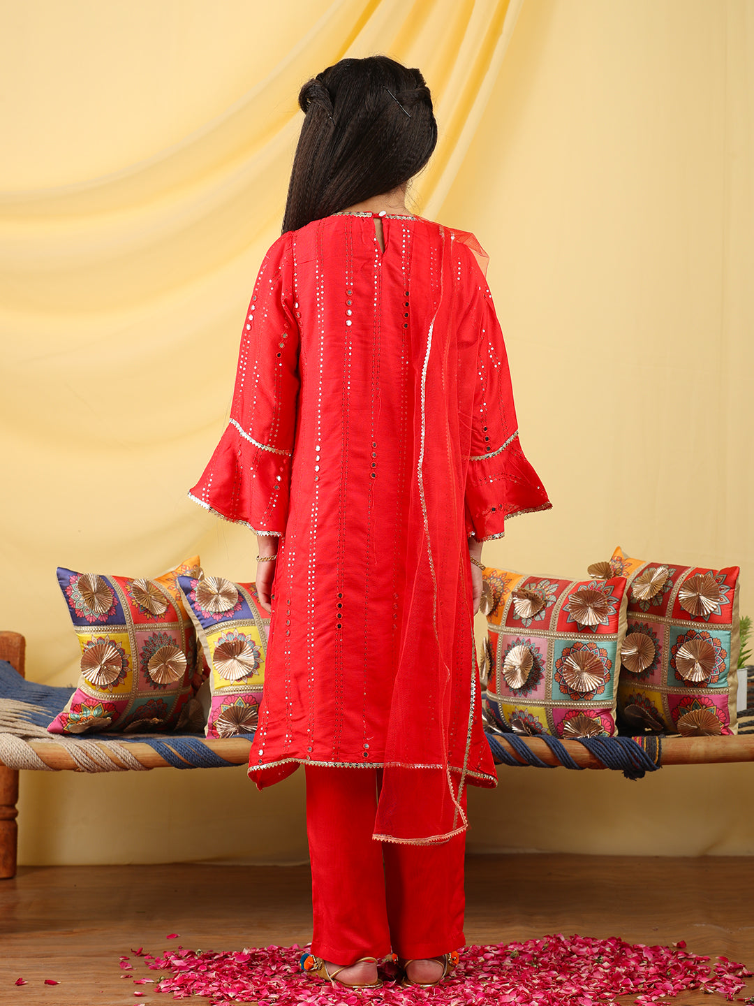 Cutiekins Girls Embroidered Mirror Work Kurta & Palazzo with Dupatta -Red & Gold