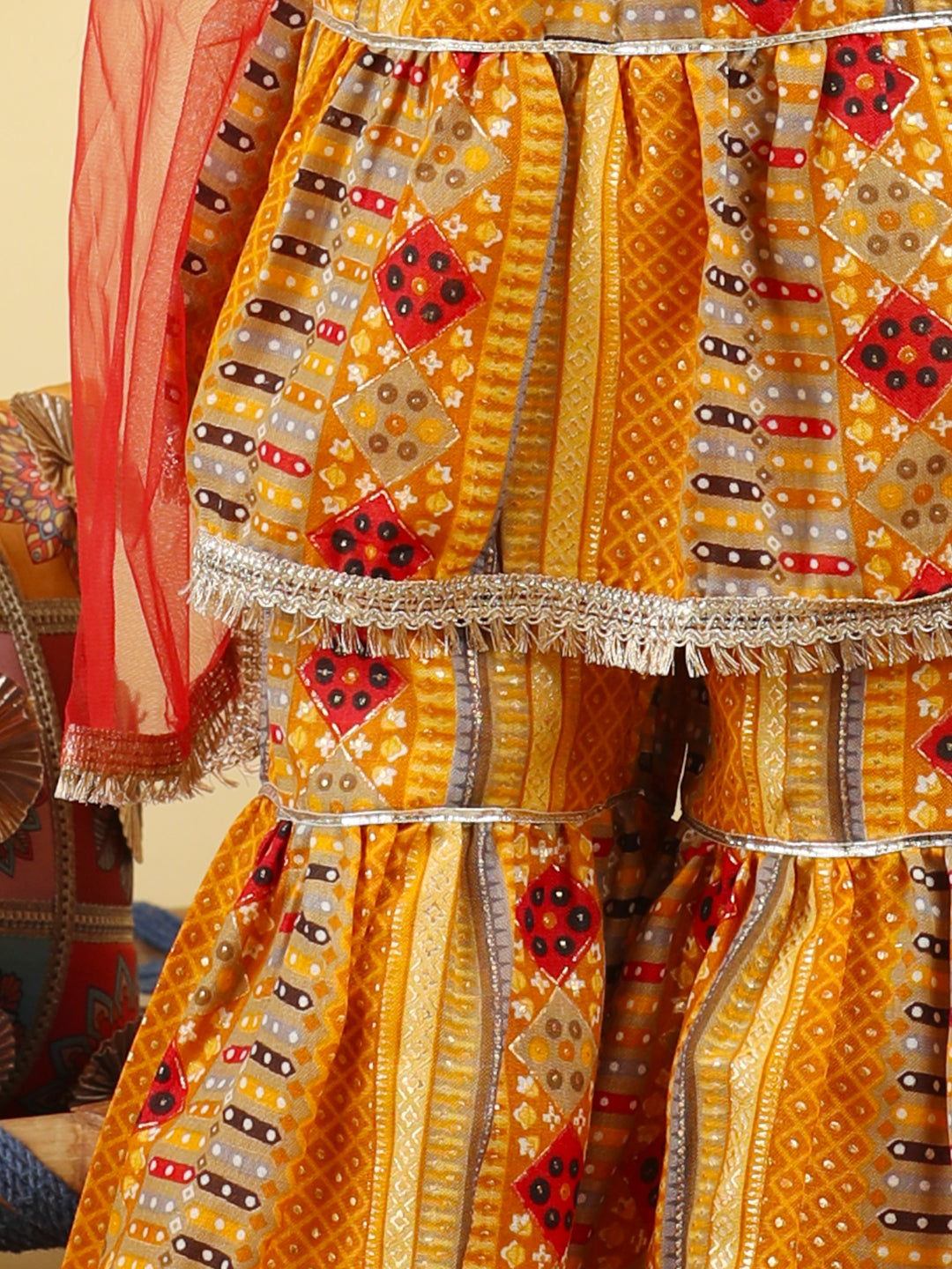 Cutiekins Girls Embroidered Bandhani Print Empire Kurta & Sharara with Dupatta -Mustard & Gold