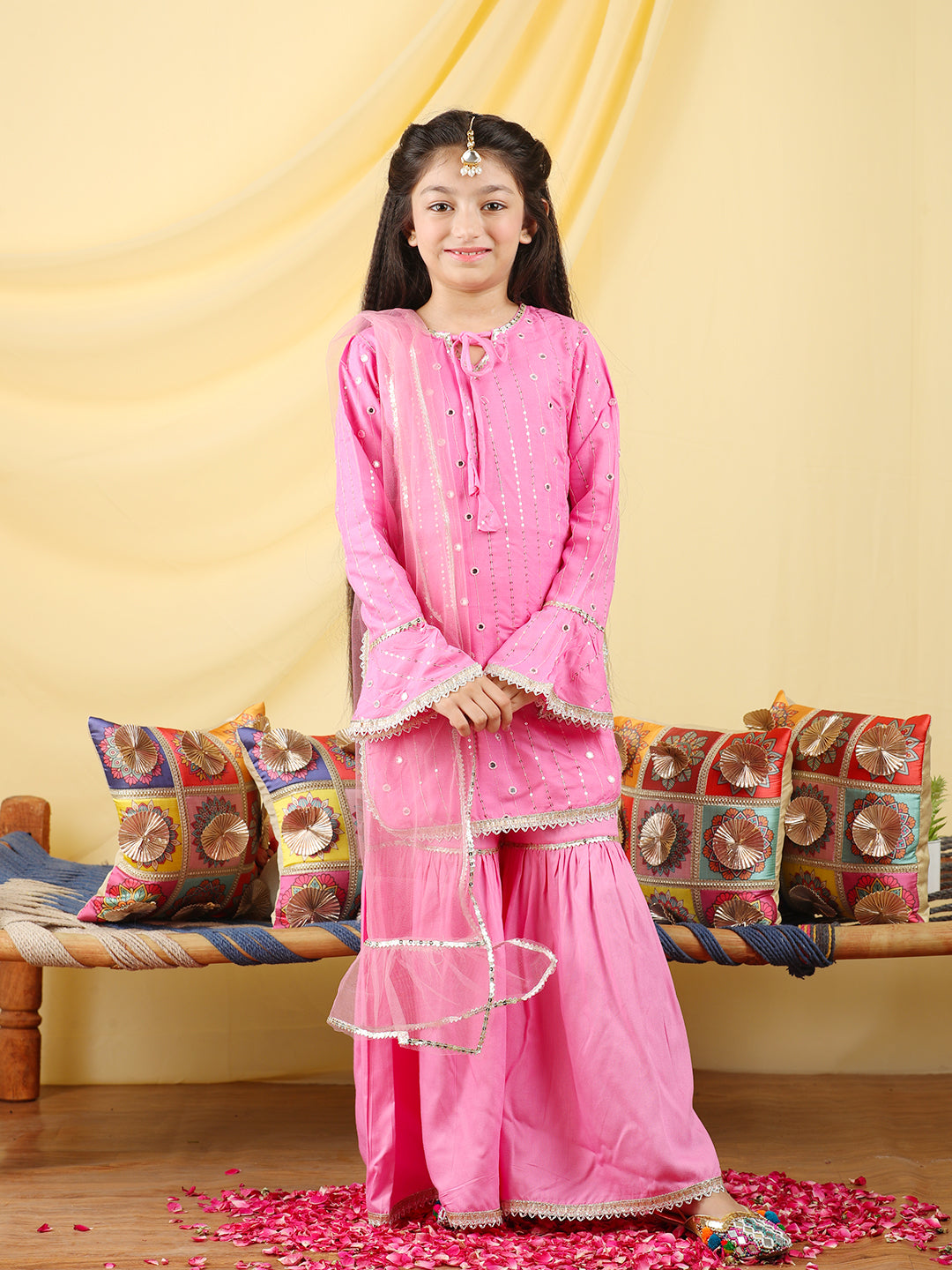 Cutiekins Girls Embroidered Mirror Work Kurta & Sharara with Dupatta -Pink & Gold