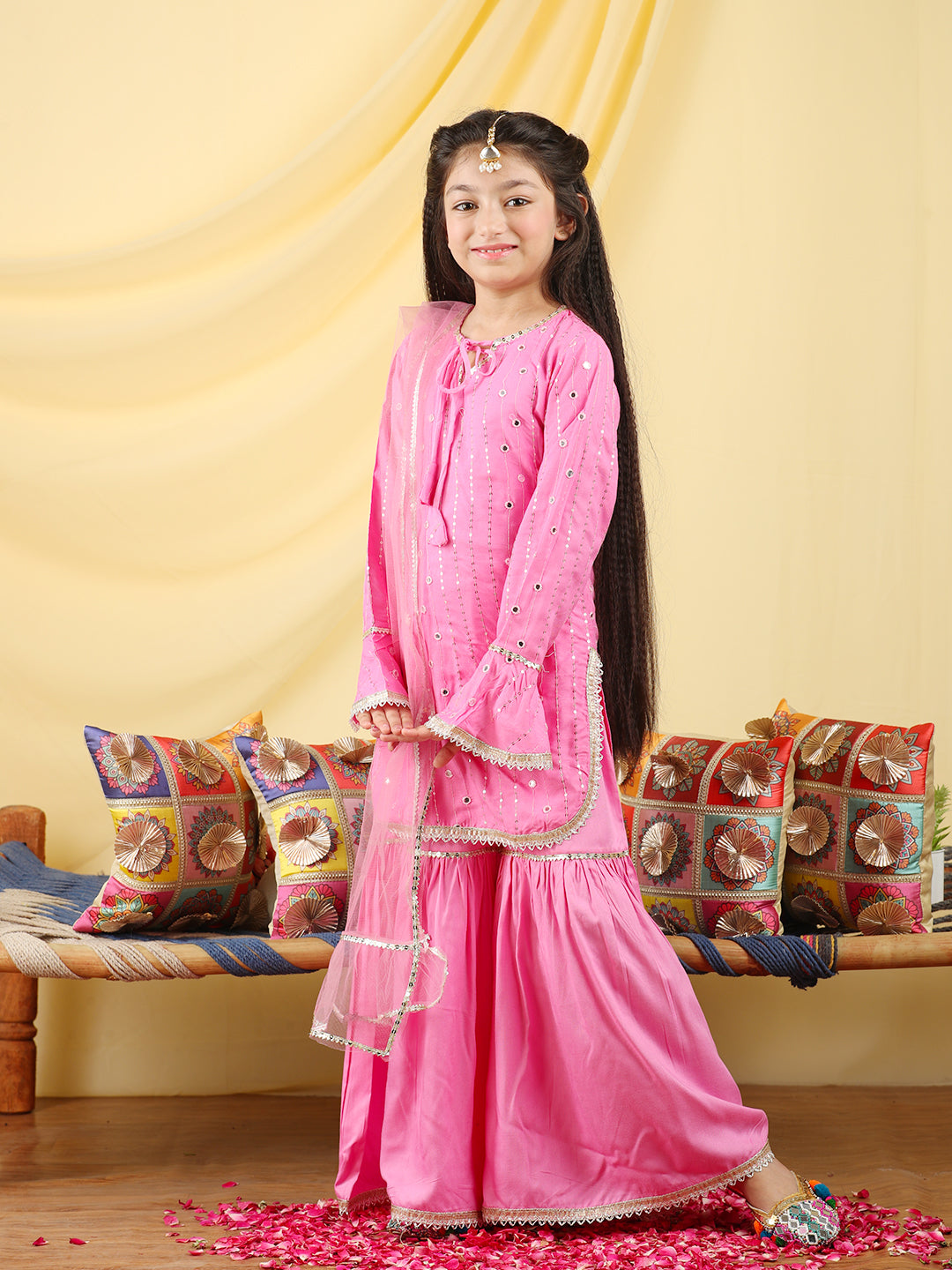 Cutiekins Girls Embroidered Mirror Work Kurta & Sharara with Dupatta -Pink & Gold