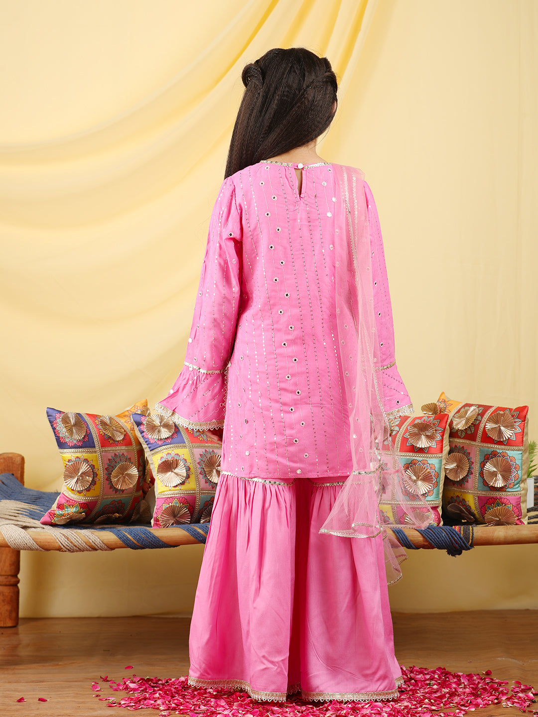 Cutiekins Girls Embroidered Mirror Work Kurta & Sharara with Dupatta -Pink & Gold
