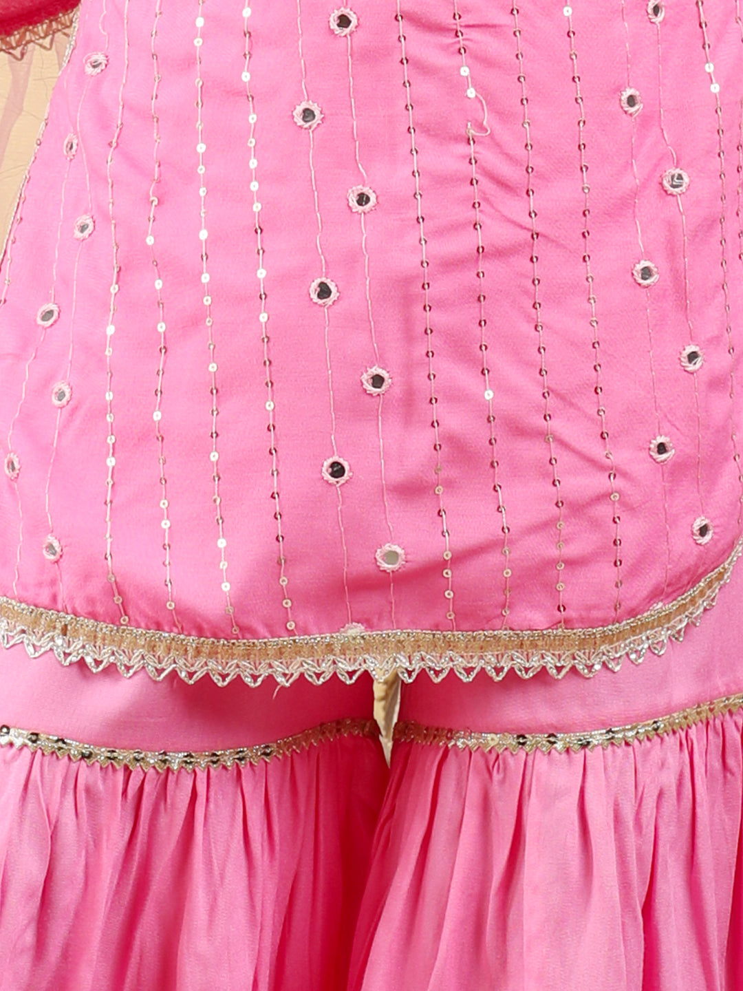 Cutiekins Girls Embroidered Mirror Work Kurta & Sharara with Dupatta -Pink & Gold