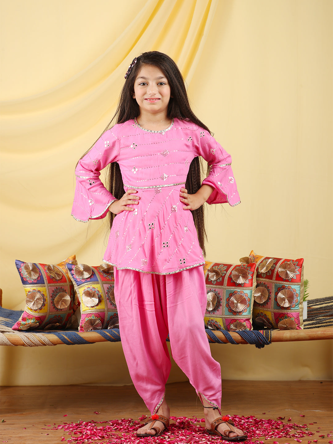 Cutiekins Girls Embroidered Mirror Work Kurta & Dhoti -Pink & Gold