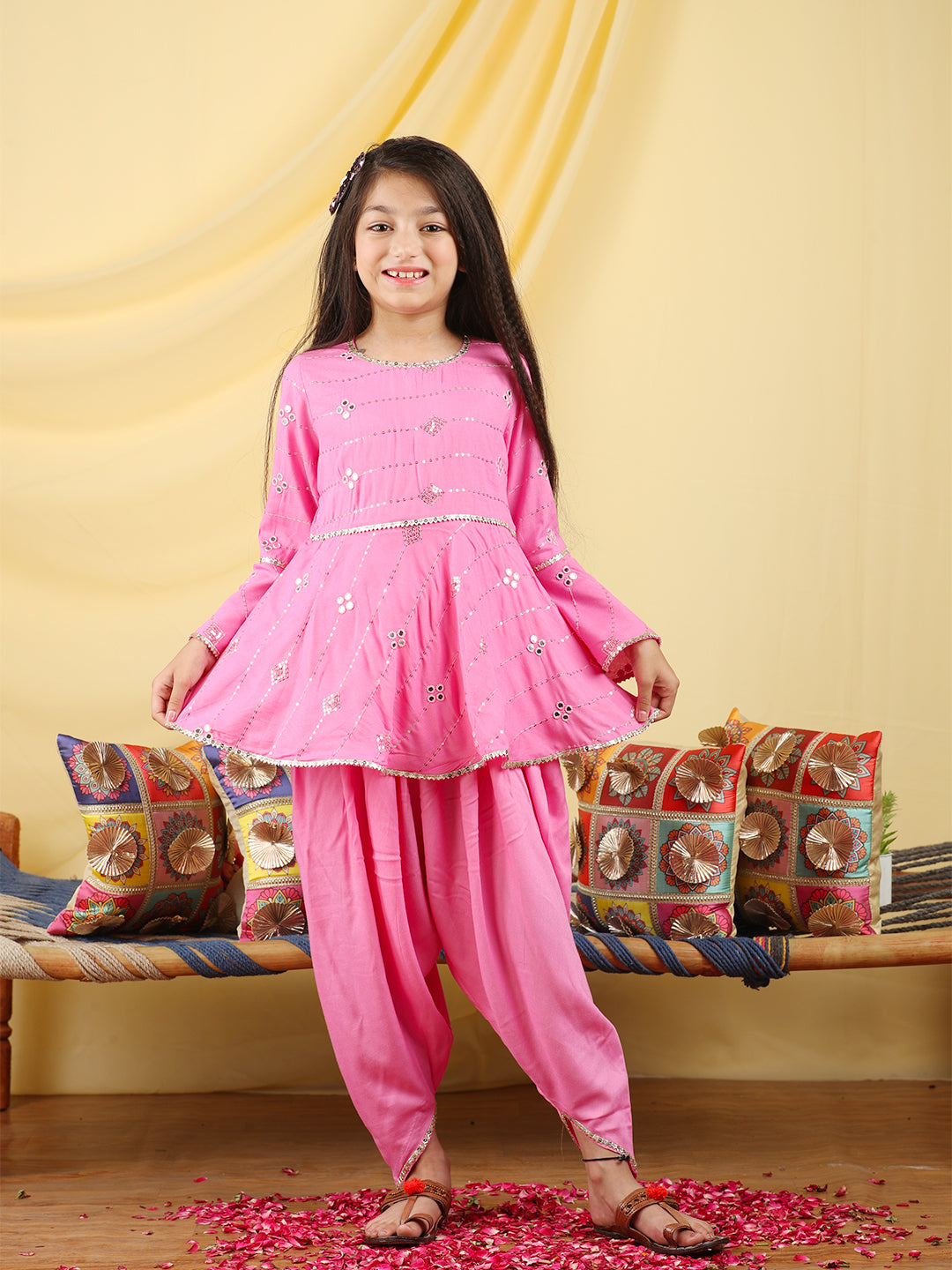 Cutiekins Girls Embroidered Mirror Work Kurta & Dhoti -Pink & Gold