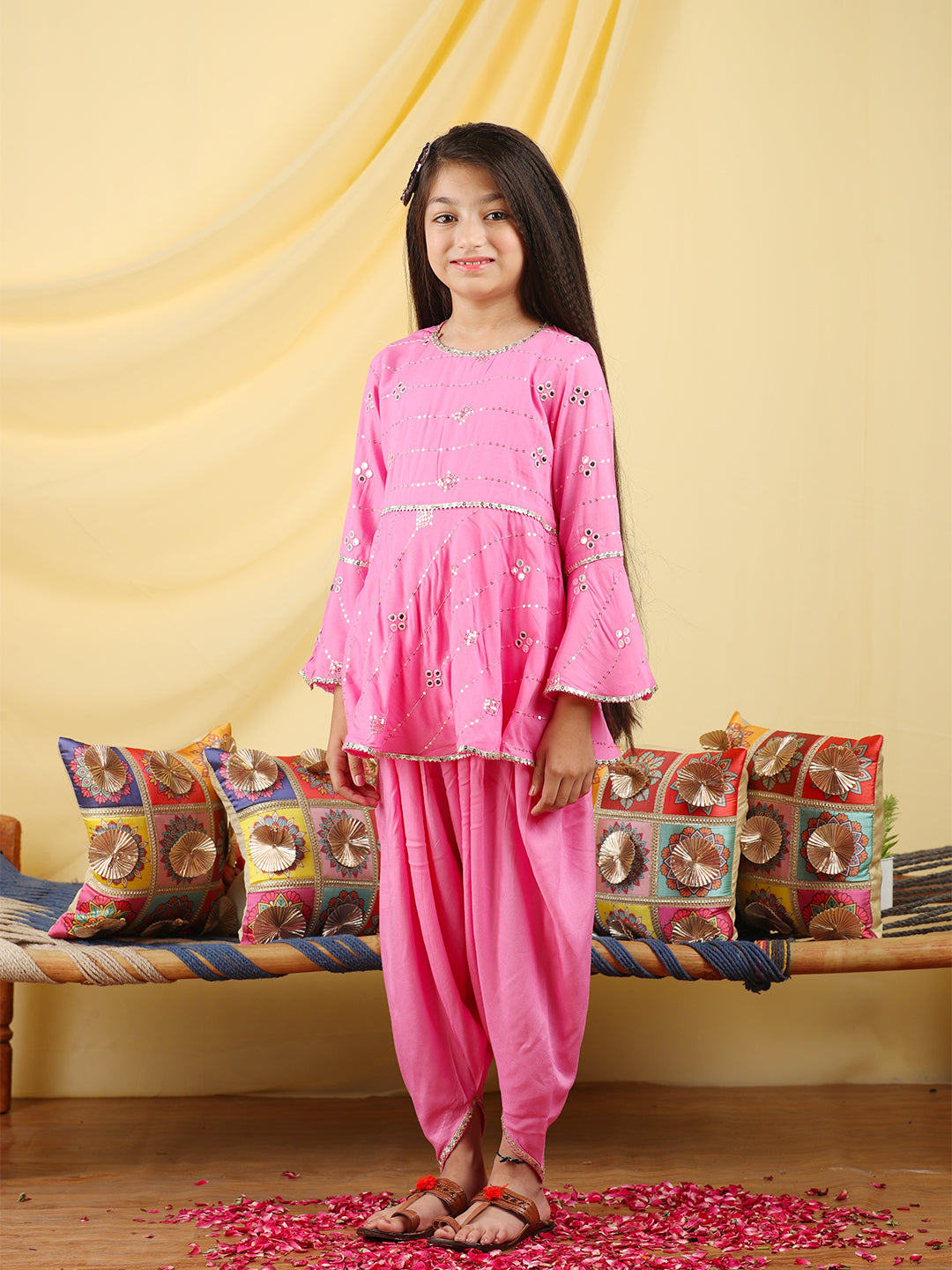 Cutiekins Girls Embroidered Mirror Work Kurta & Dhoti -Pink & Gold