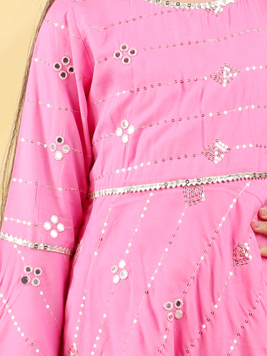 Cutiekins Girls Embroidered Mirror Work Kurta & Dhoti -Pink & Gold