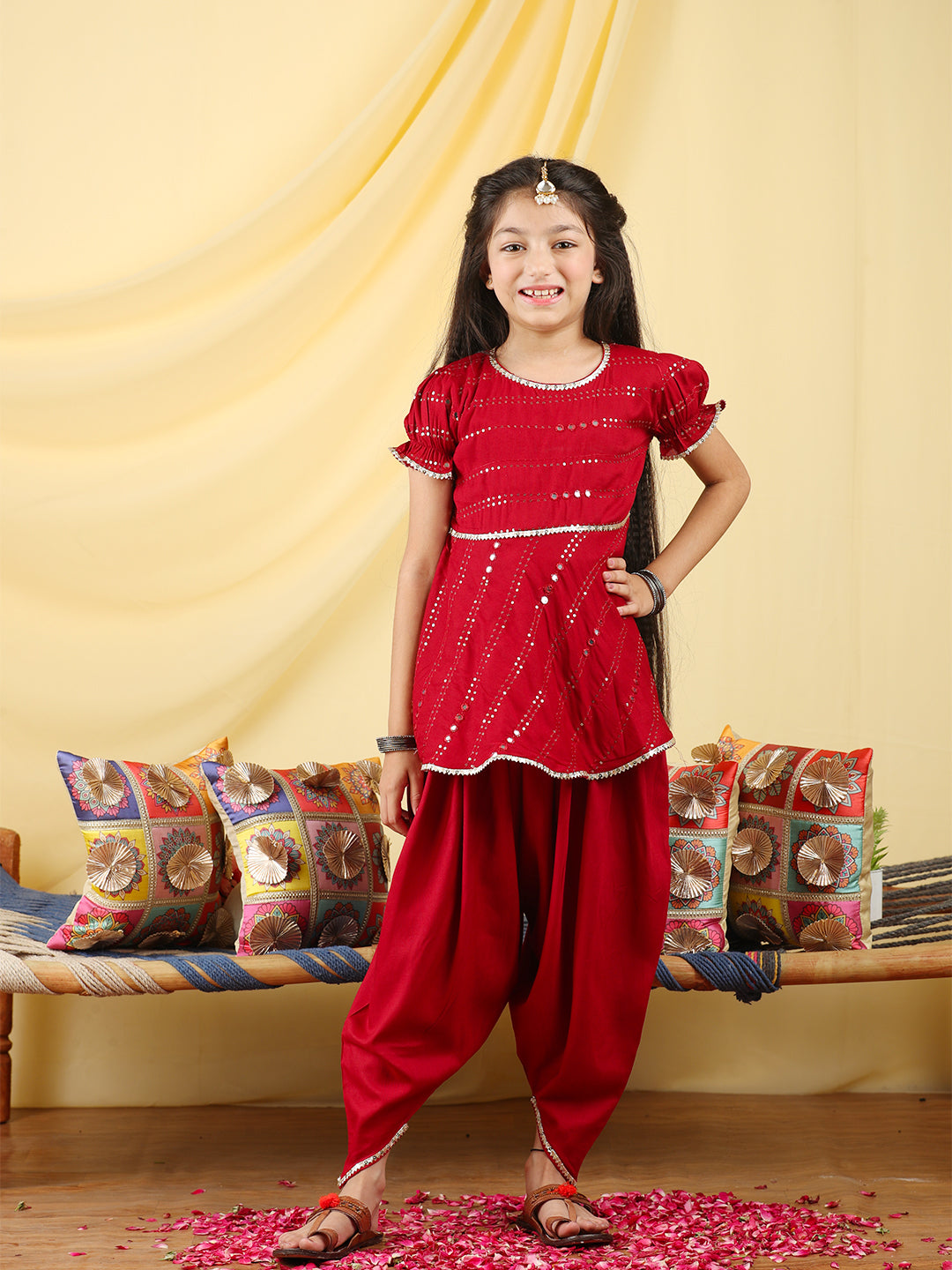 Cutiekins Girls Embroidered Mirror Work Kurta & Dhoti -Maroon & Silver