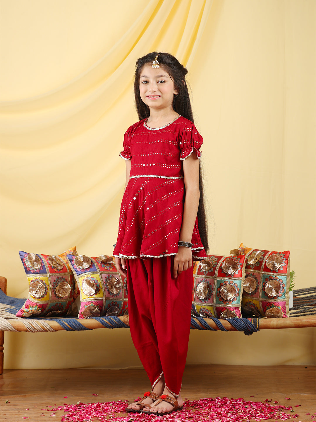 Cutiekins Girls Embroidered Mirror Work Kurta & Dhoti -Maroon & Silver