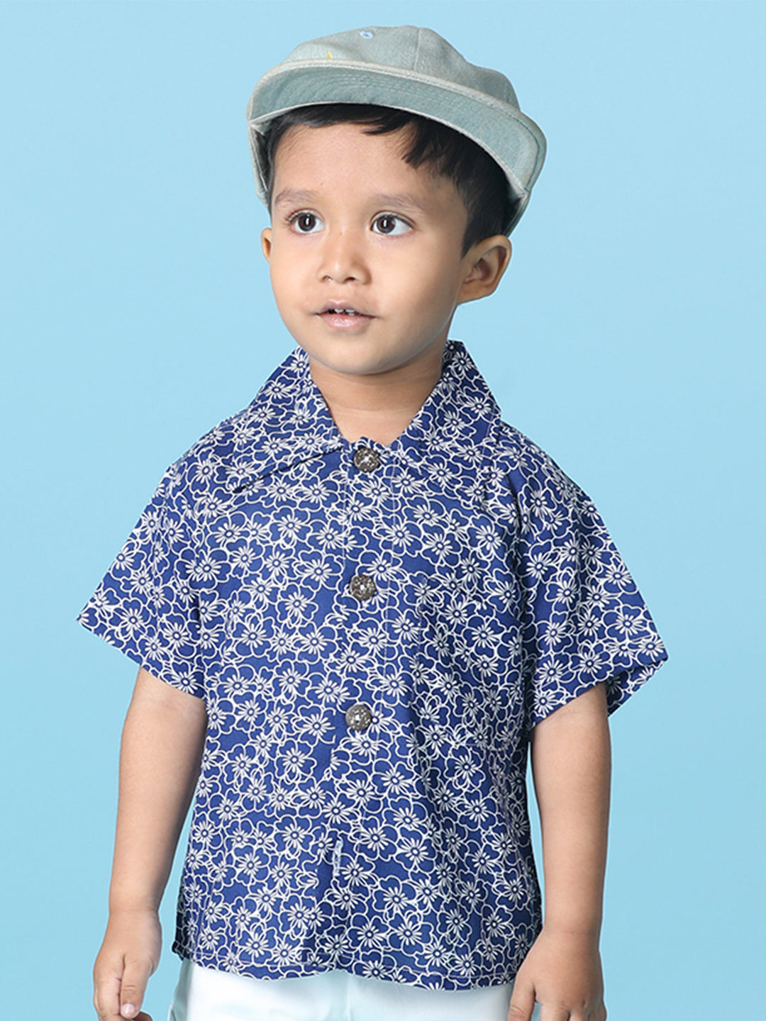 Cutiekins Boys Floral Print Shirt -Navy Blue & Off White