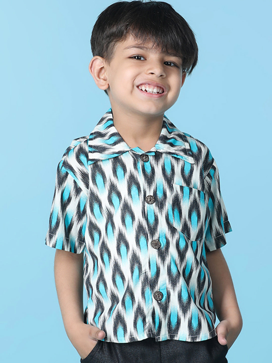 Cutiekins Boys Abstract Print Shirt -Off White & Turquoise Blue