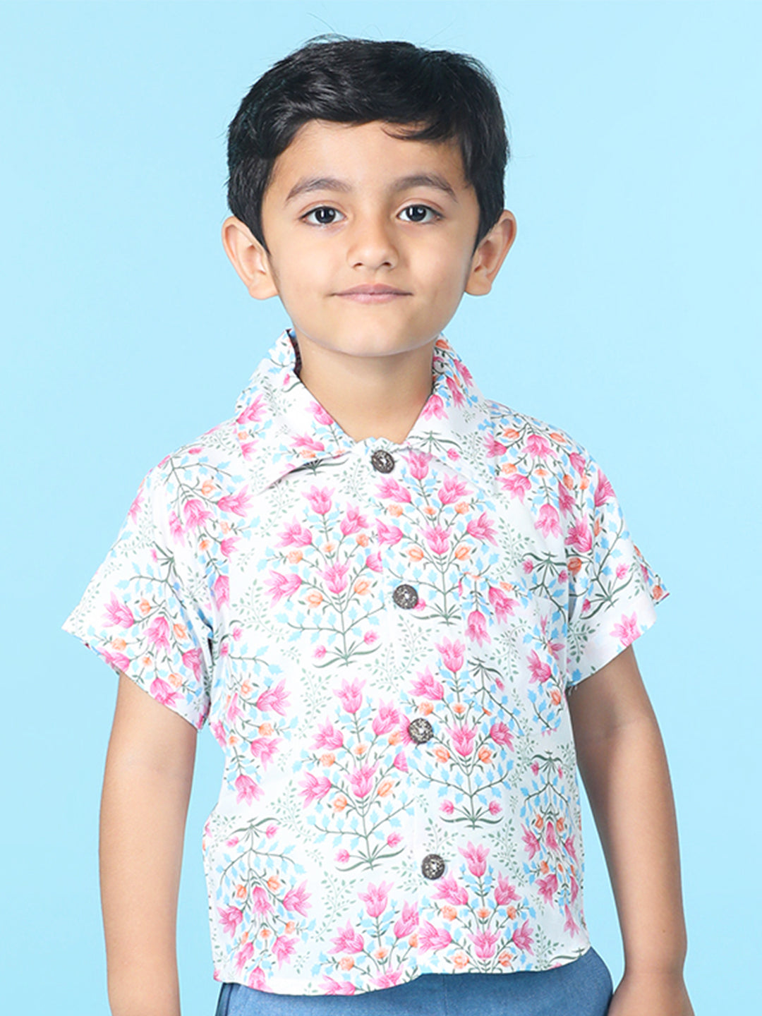 Cutiekins Boys Floral Print Shirt -White & Pink