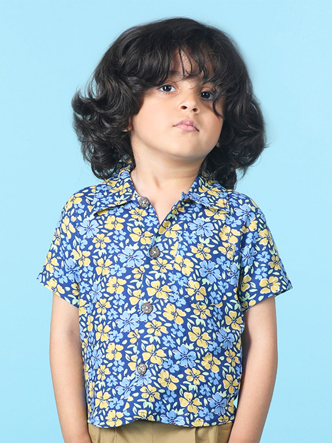 Cutiekins Boys Floral Print Shirt -Navy Blue & Mustard
