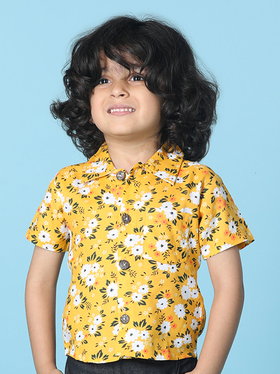 Cutiekins Boys Tropical Print Shirt-Mustard & White