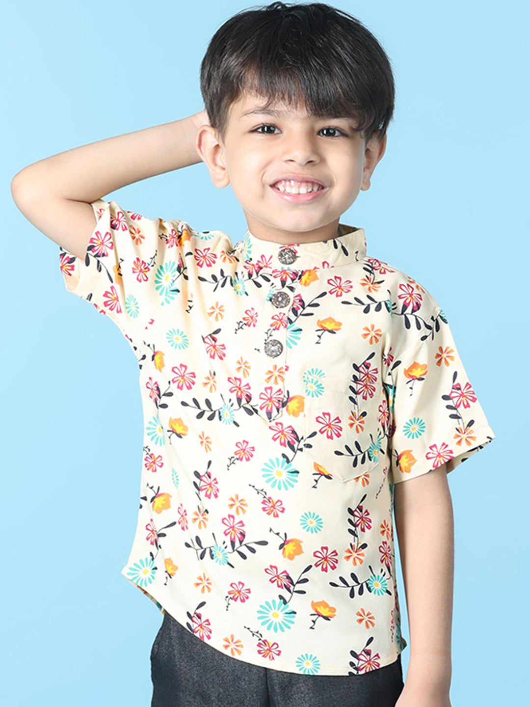 Cutiekins Boys Floral Print T-Shirt -Off White & Pink