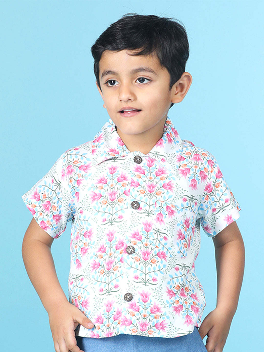 Cutiekins Boys Floral Print Shirt -White & Pink