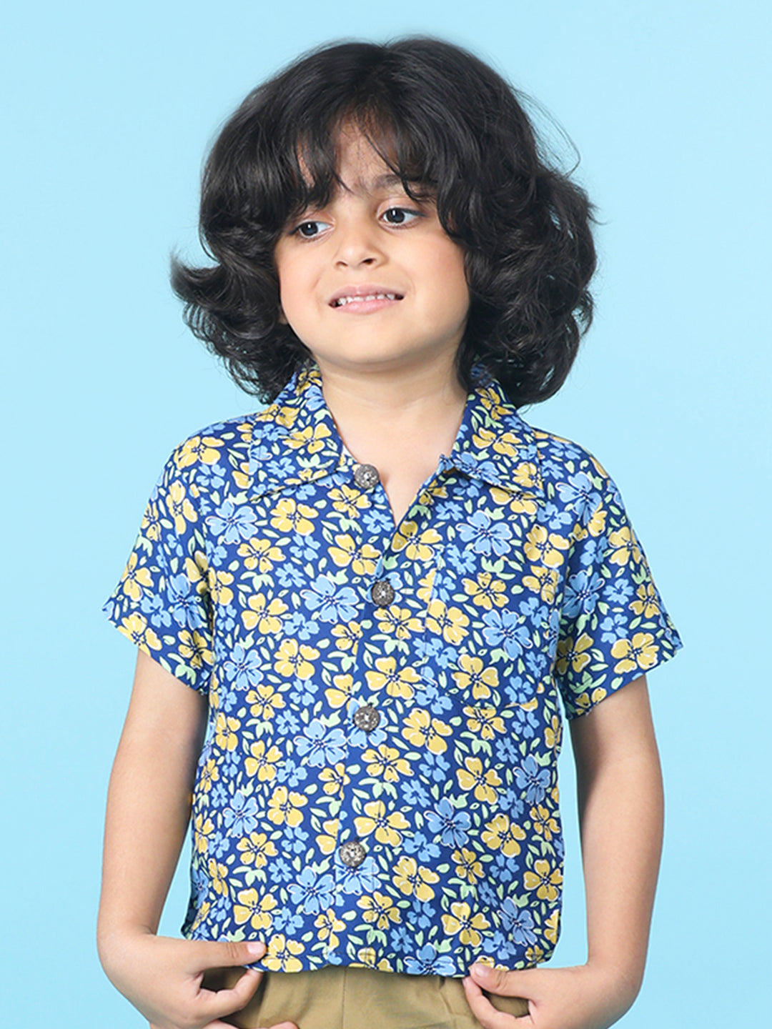 Cutiekins Boys Floral Print Shirt -Navy Blue & Mustard