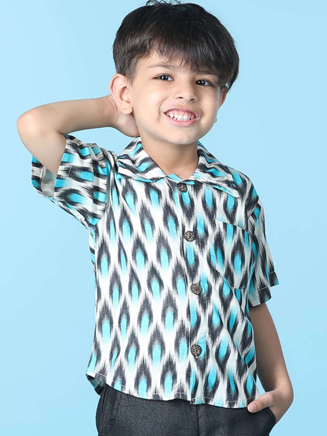 Cutiekins Boys Abstract Print Shirt -Off White & Turquoise Blue