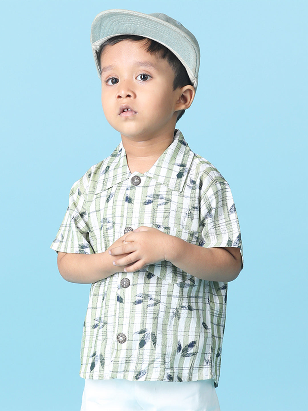 Cutiekins Boys Tropical Print Shirt -Off White & Green