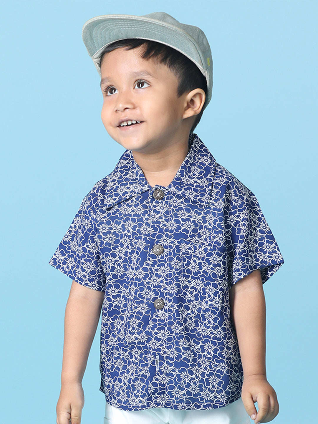 Cutiekins Boys Floral Print Shirt -Navy Blue & Off White