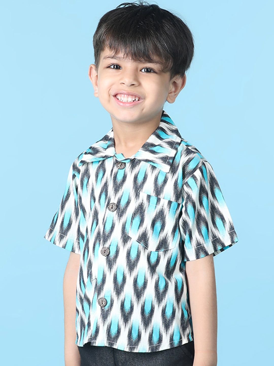 Cutiekins Boys Abstract Print Shirt -Off White & Turquoise Blue