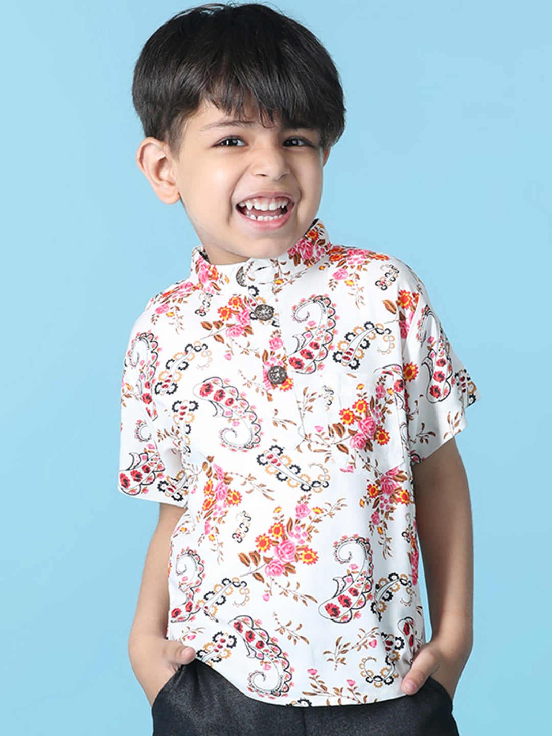 Cutiekins Boys Floral Print T-Shirt -White & Pink