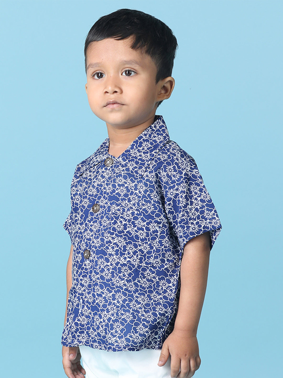 Cutiekins Boys Floral Print Shirt -Navy Blue & Off White
