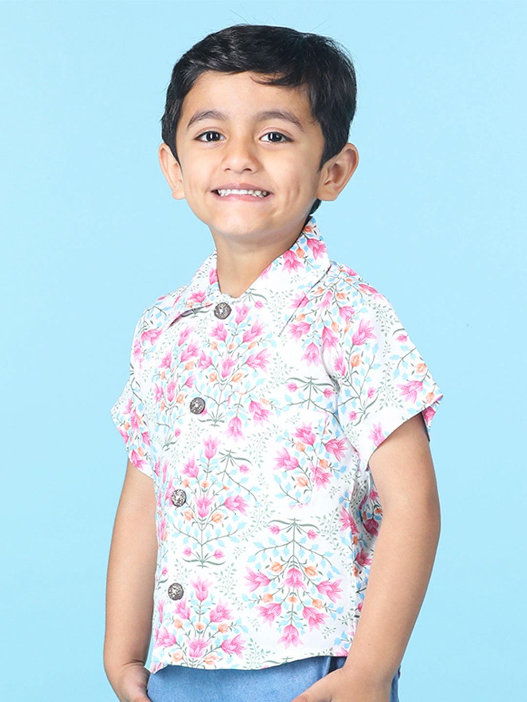 Cutiekins Boys Floral Print Shirt -White & Pink