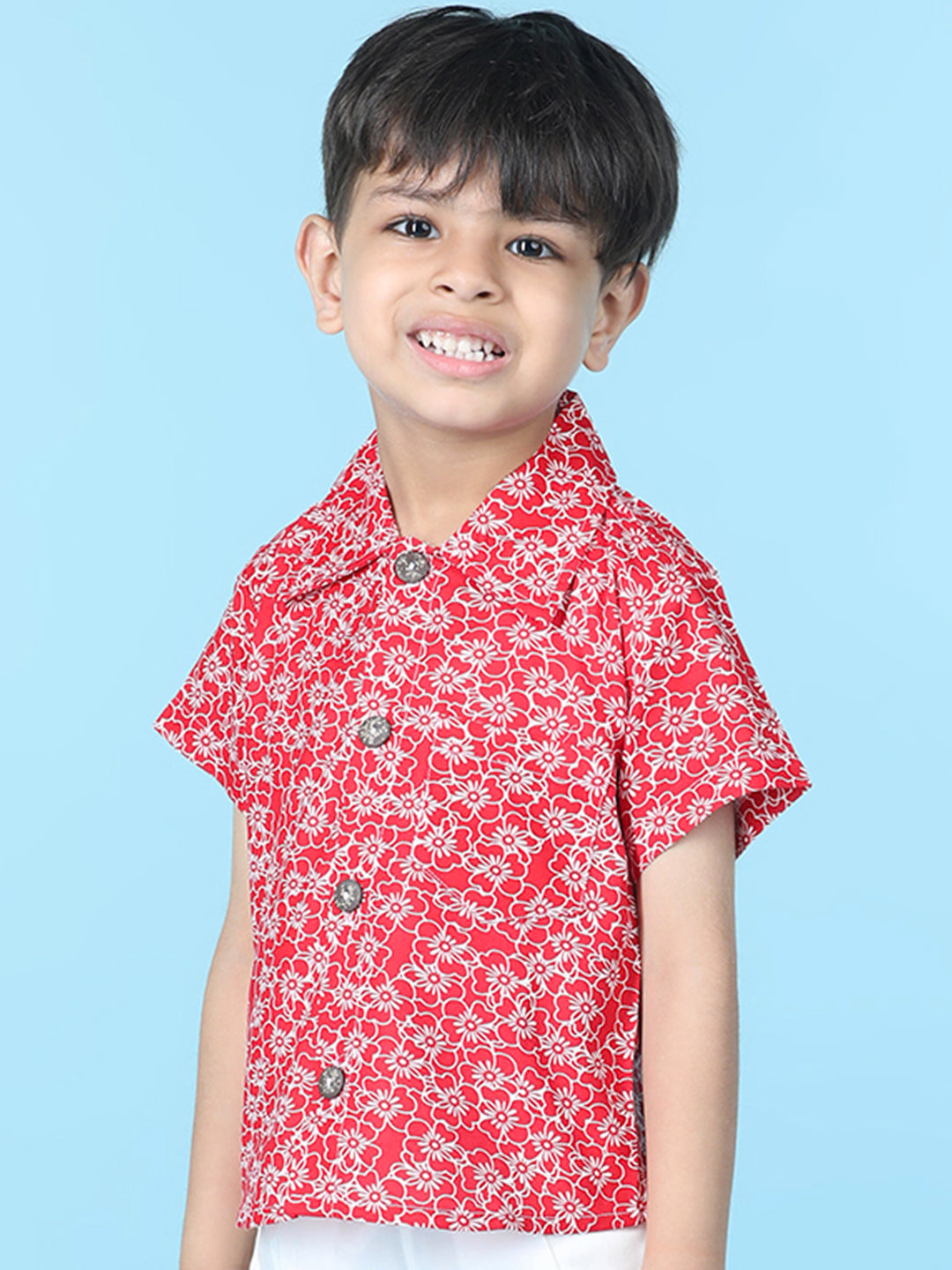 Cutiekins Boys Floral Print Shirt -Red & Off White