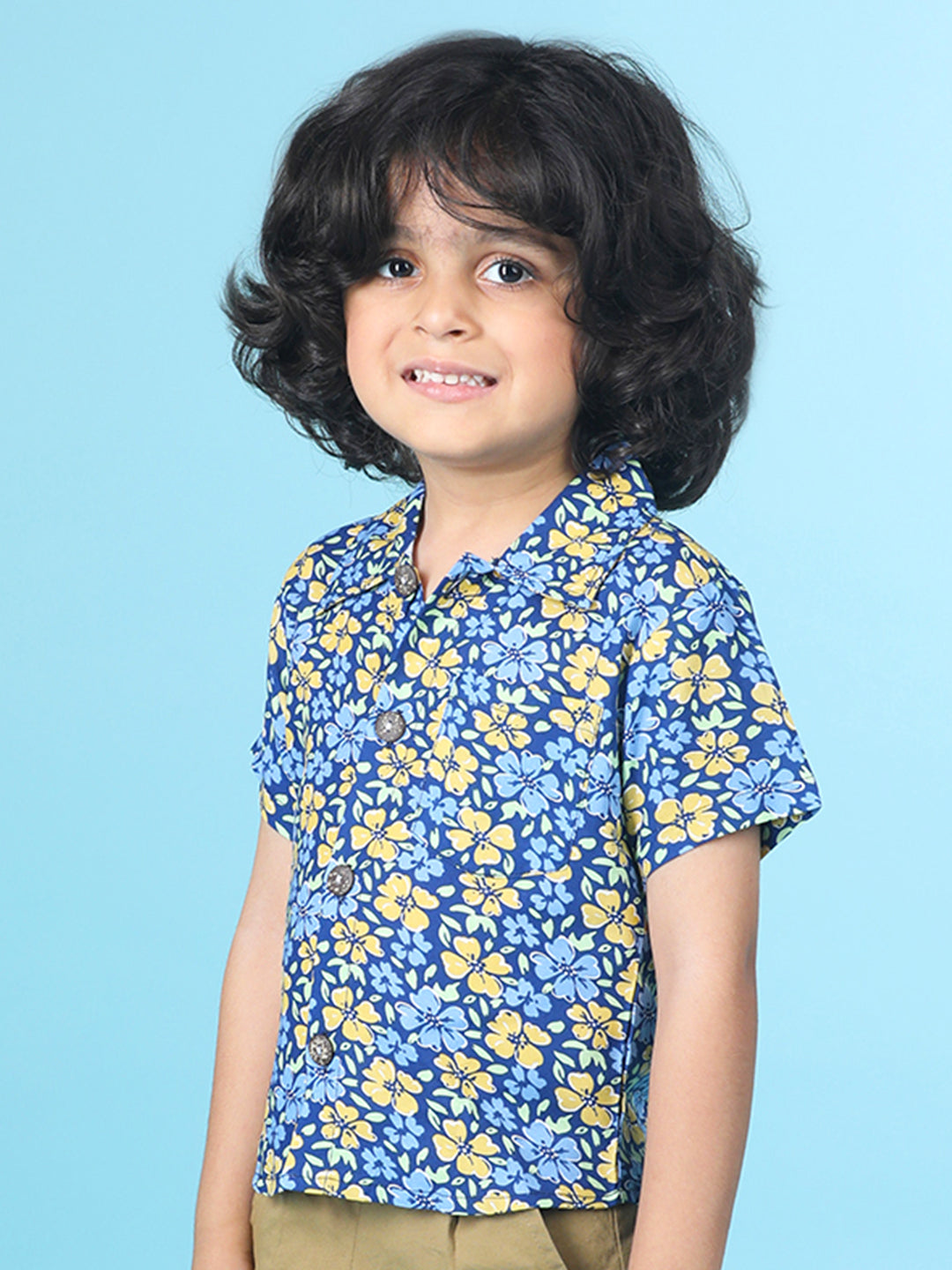Cutiekins Boys Floral Print Shirt -Navy Blue & Mustard