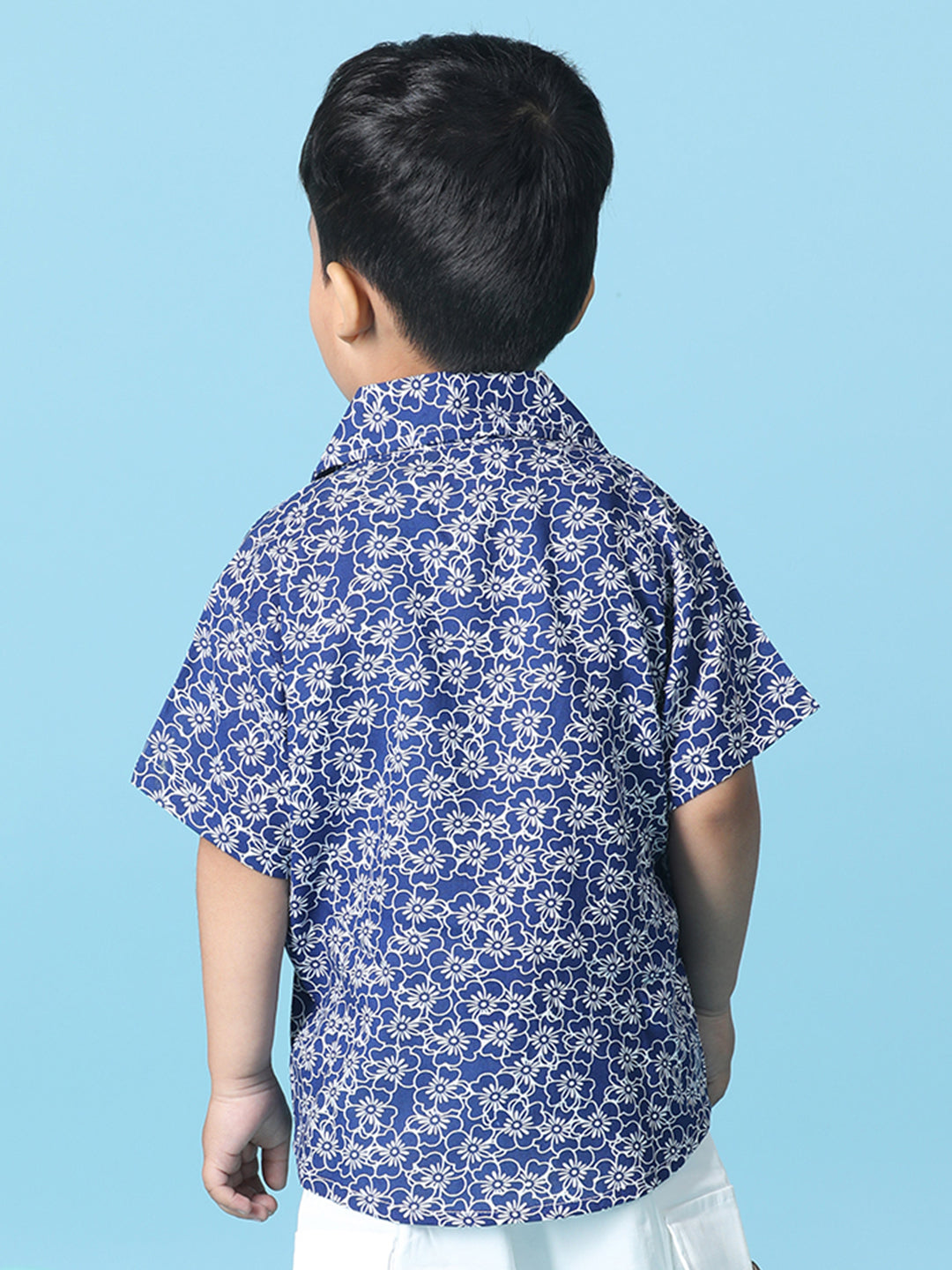 Cutiekins Boys Floral Print Shirt -Navy Blue & Off White