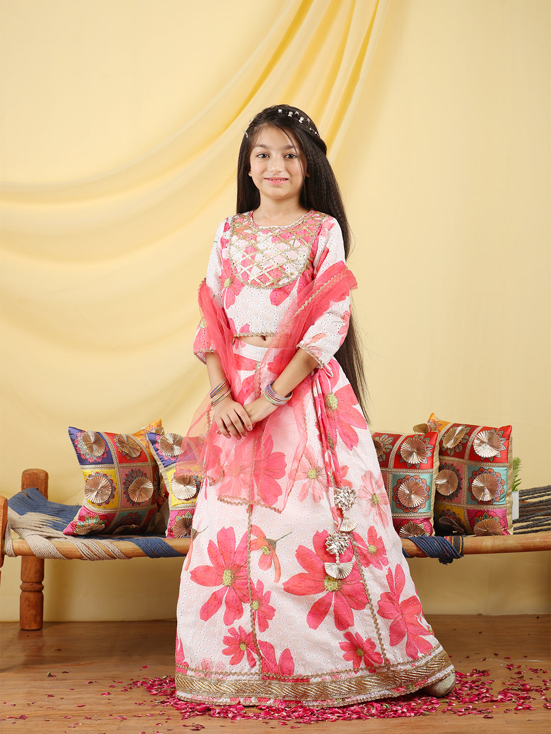 Cutiekins Girls Embroidered Floral Print Lehenga & Choli with Dupatta -Off White & Pink