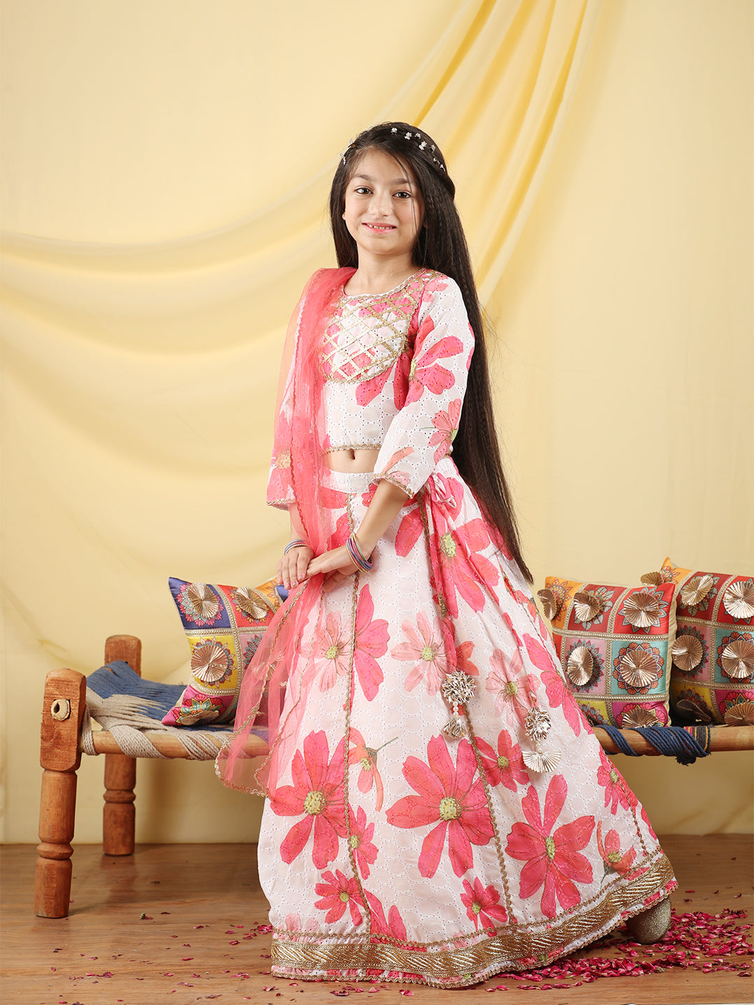Cutiekins Girls Embroidered Floral Print Lehenga & Choli with Dupatta -Off White & Pink