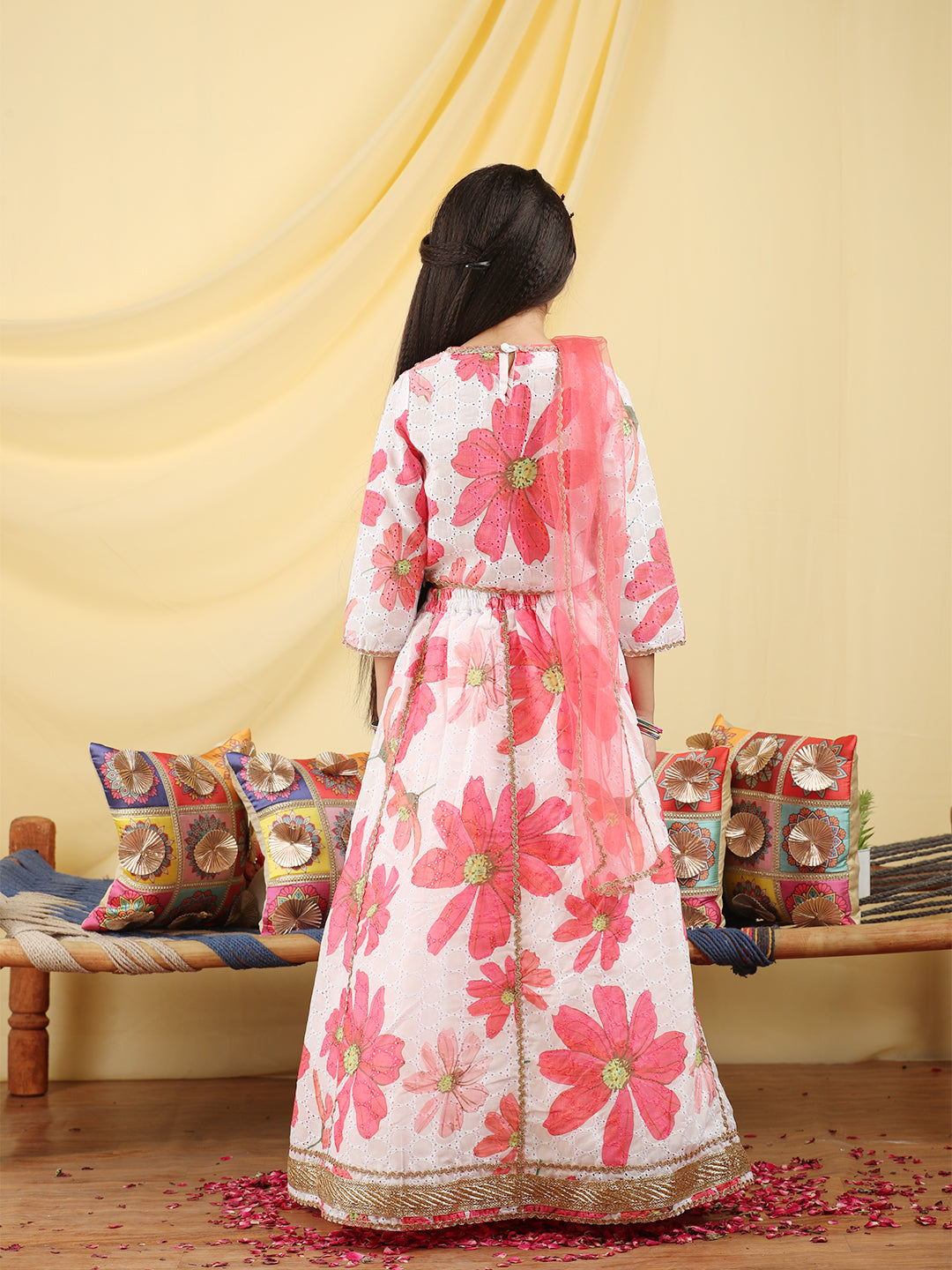 Cutiekins Girls Embroidered Floral Print Lehenga & Choli with Dupatta -Off White & Pink