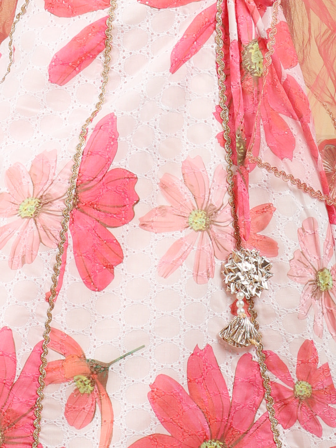 Cutiekins Girls Embroidered Floral Print Lehenga & Choli with Dupatta -Off White & Pink
