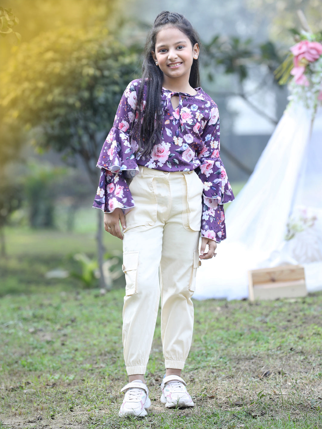 Cutiekins Front Knot Round Neck Foral Printed Regular Top & Cargo Pant Set -Mauve & White