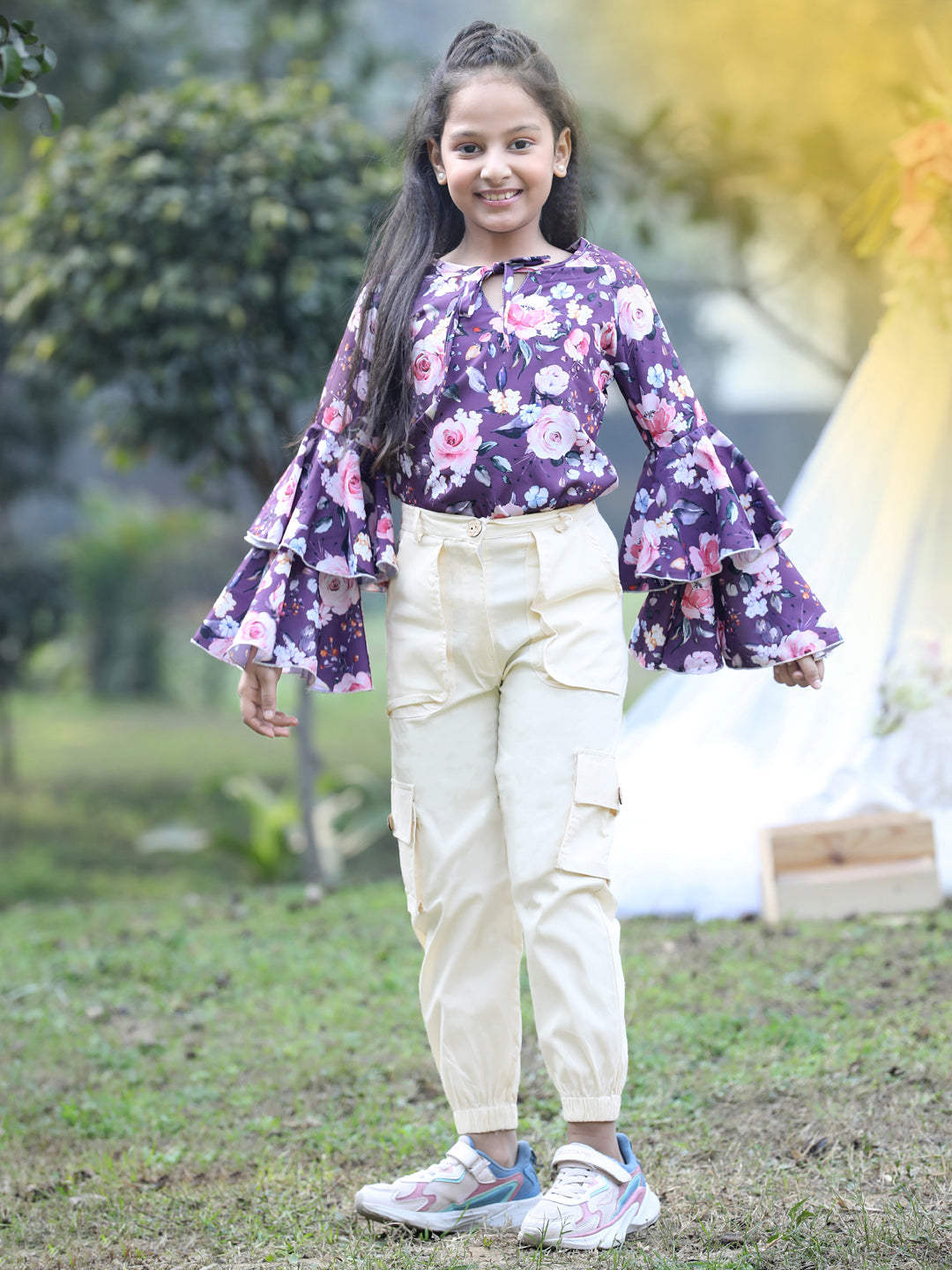 Cutiekins Front Knot Round Neck Foral Printed Regular Top & Cargo Pant Set -Mauve & White