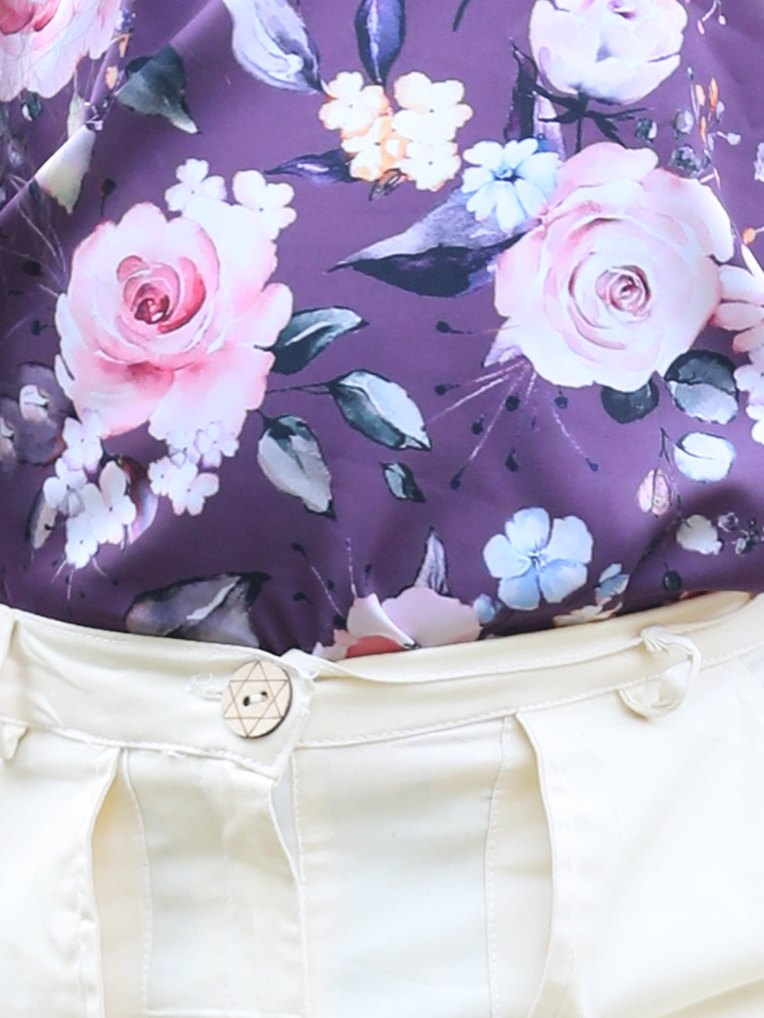 Cutiekins Front Knot Round Neck Foral Printed Regular Top & Cargo Pant Set -Mauve & White