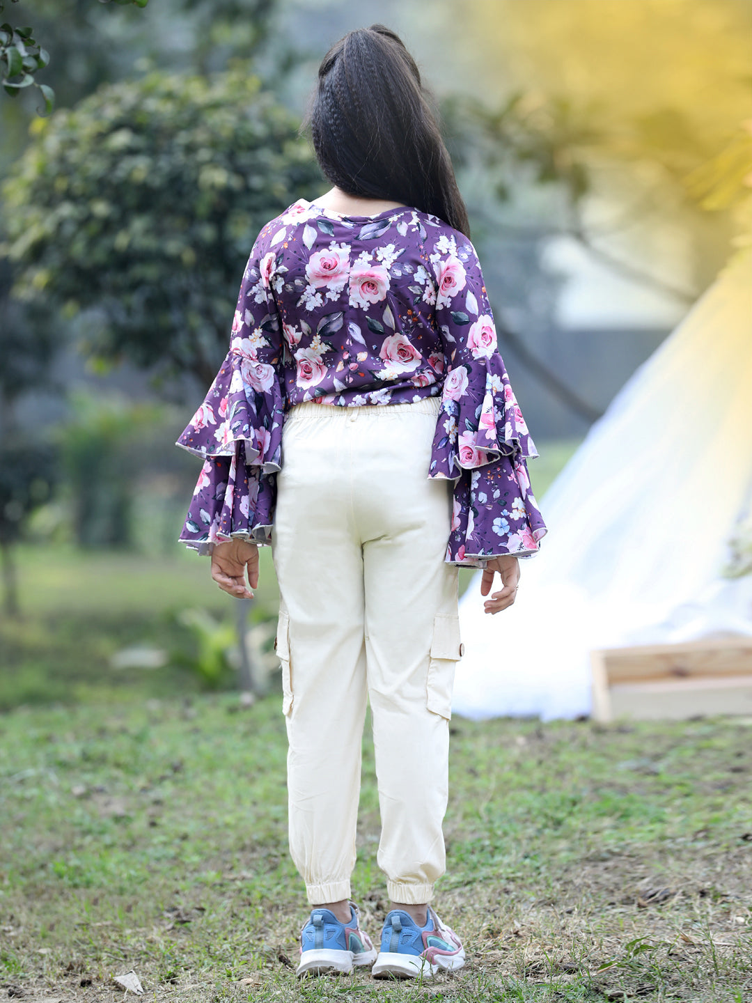 Cutiekins Front Knot Round Neck Foral Printed Regular Top & Cargo Pant Set -Mauve & White