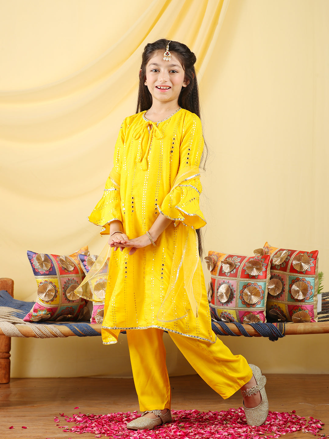 Cutiekins Girls Embroidered Mirror Work Kurta & Palazzo with Dupatta -Yellow & Gold