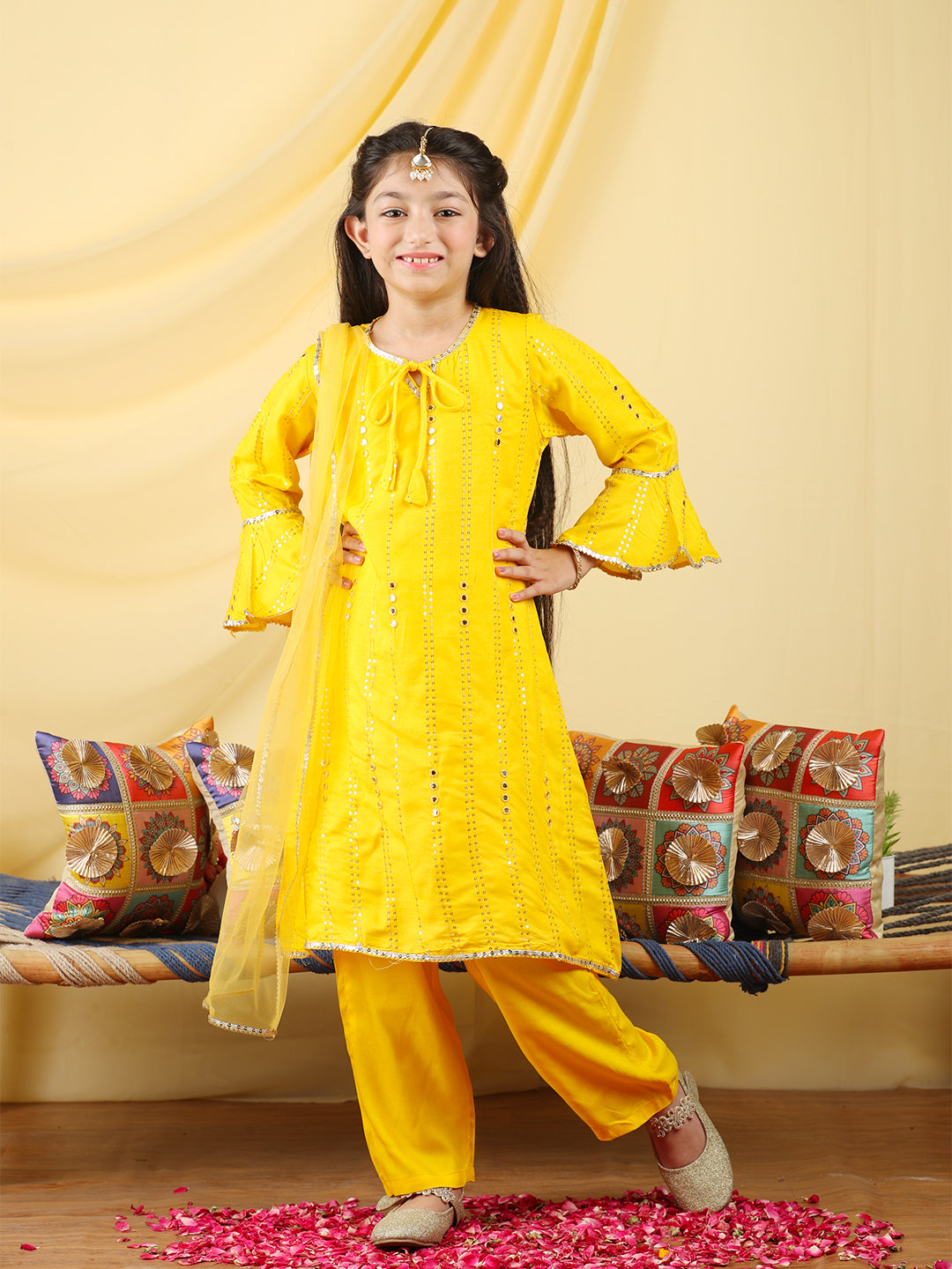 Cutiekins Girls Embroidered Mirror Work Kurta & Palazzo with Dupatta -Yellow & Gold